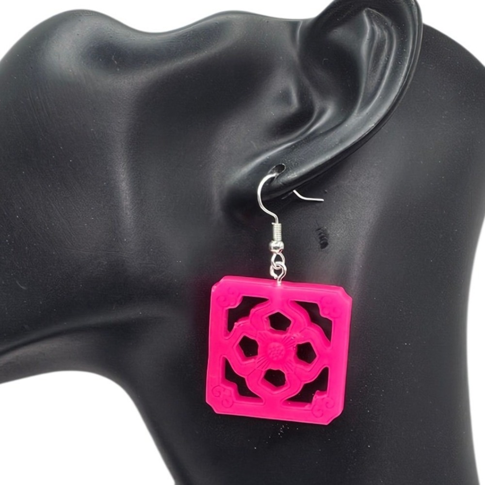 Handmade Large Hot Magenta Pink Jade Tile Breezeway Dangle Earrings Tiki